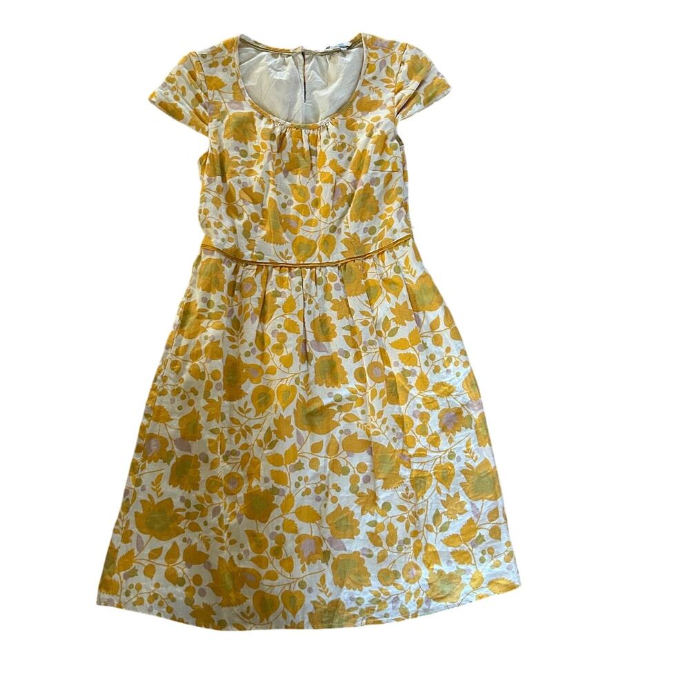 Boden Linen Dress Yellow Floral A Line Knee Length Summer Cottagecore Cap Sleeve - Picture 7 of 11